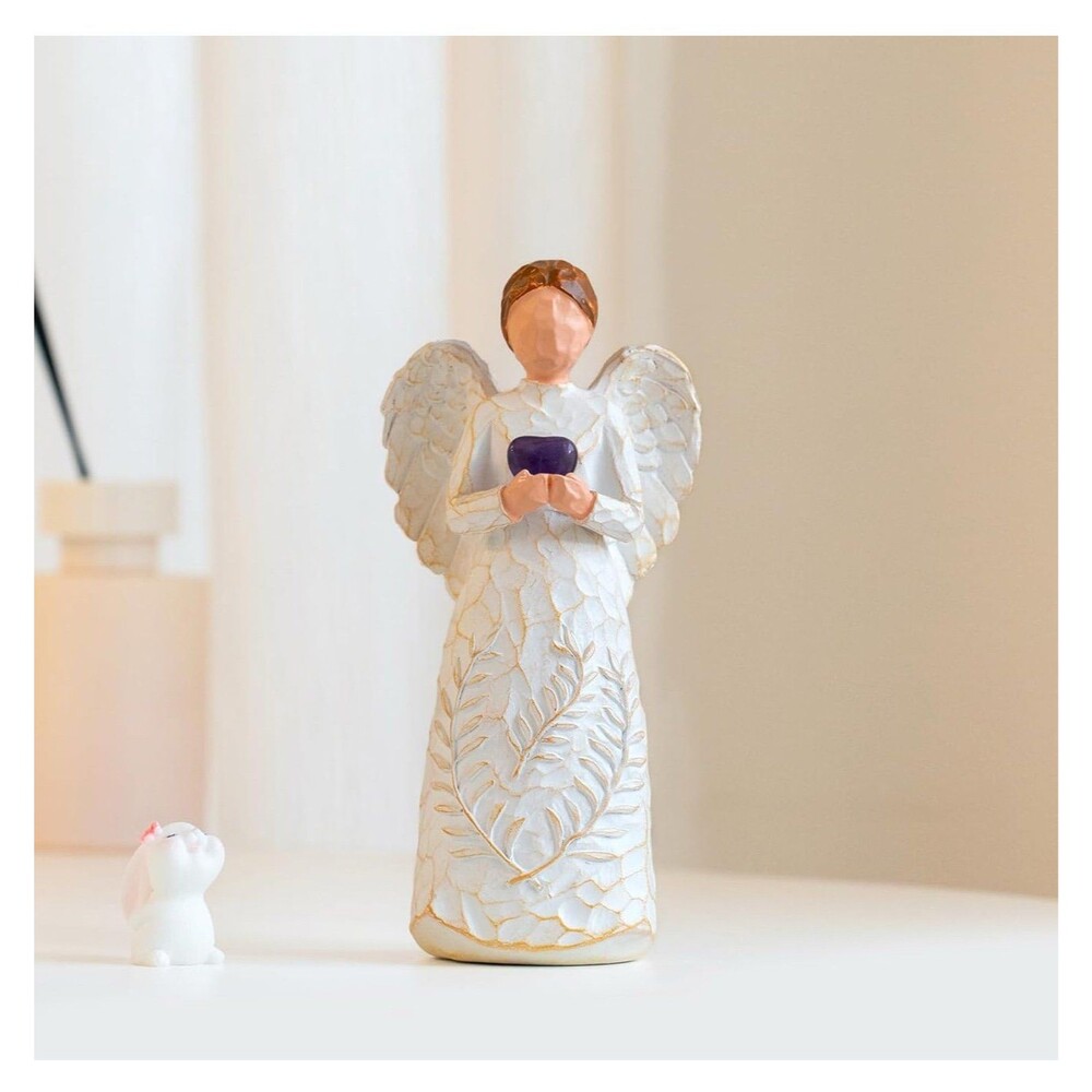 New, Resin Angel Statue 6.1 Inch - Holding Purple Crystal Heart Figurine